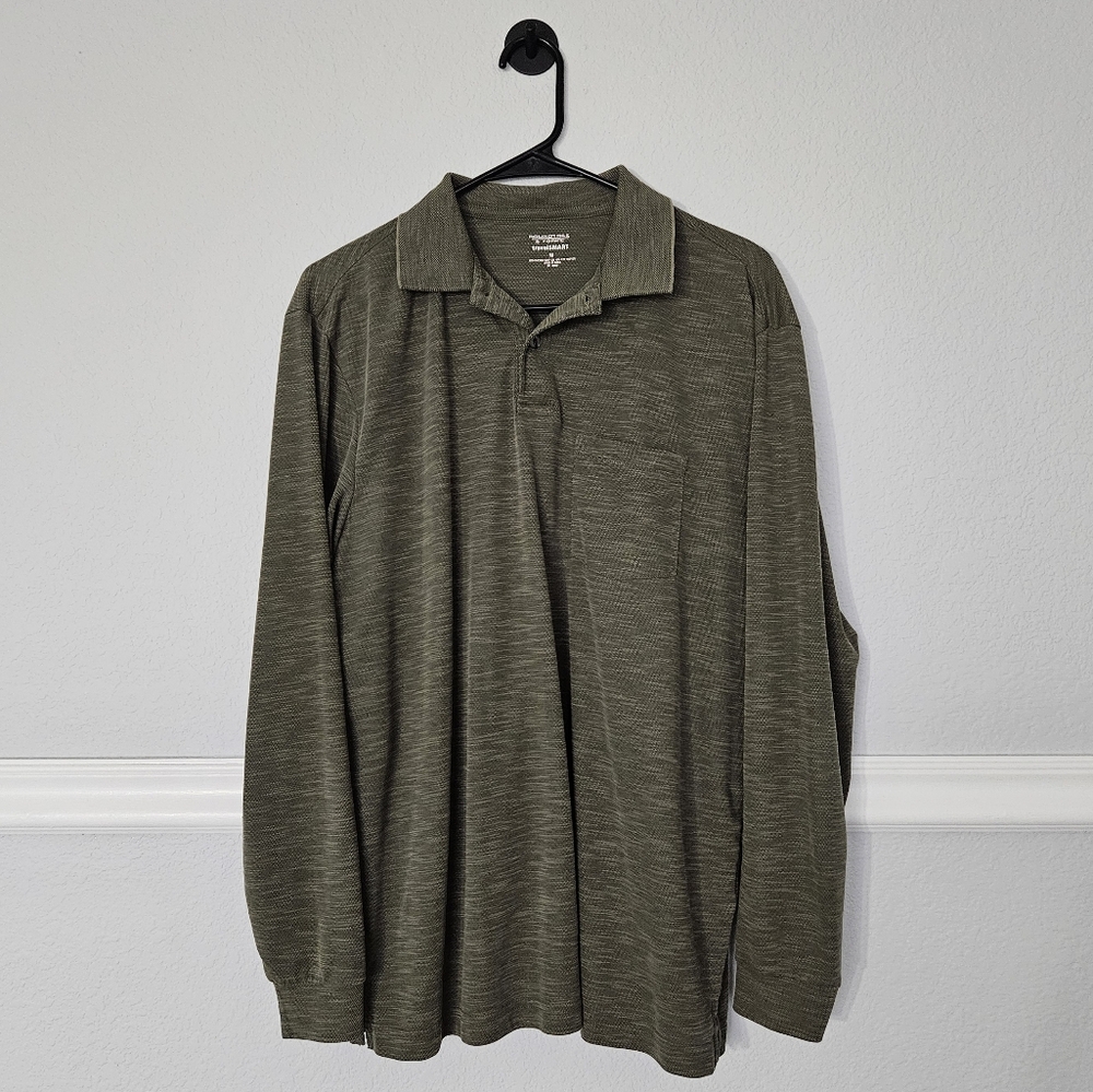 Roundtree & Yorke Long Sleeve Polo Shirt Front Pocket M Green Travel Smart